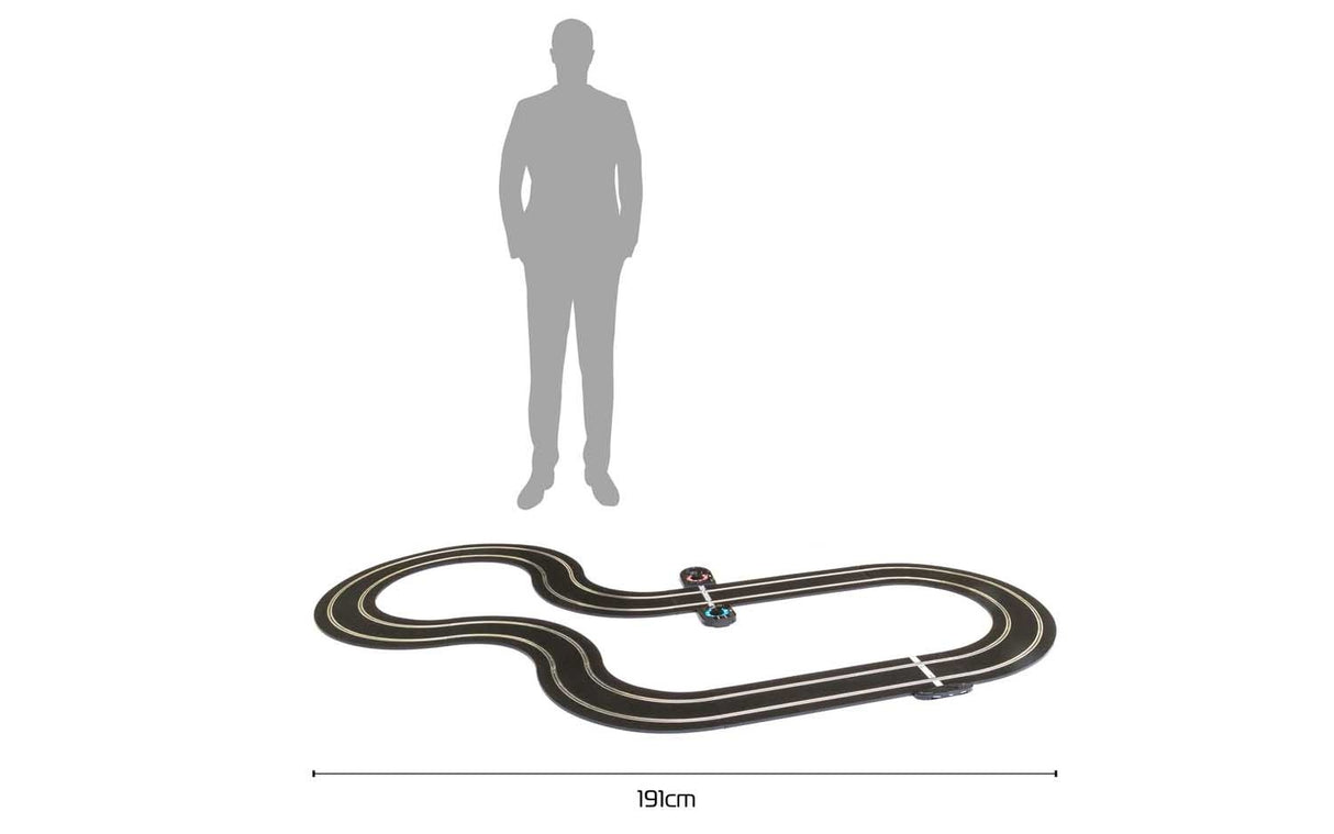 Race track layout measuring 191cm, shown next to a person for scale for Scalextric C1404T