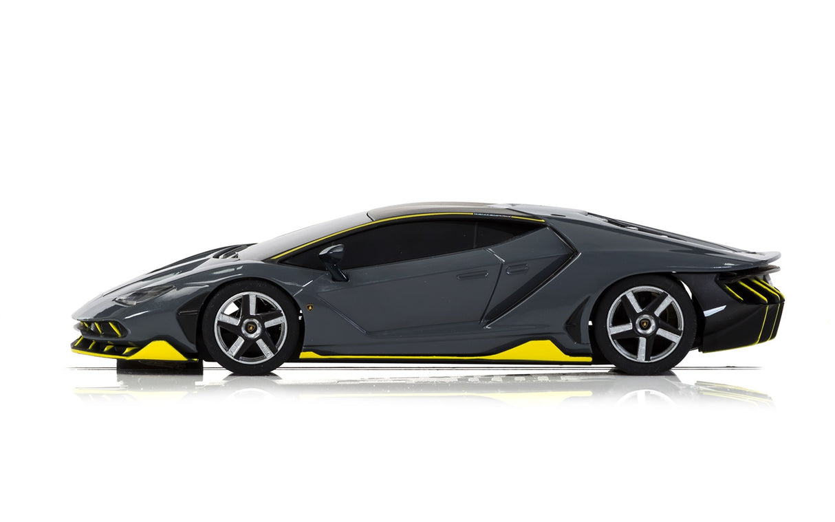 Black Lamborghini Centenario model car with yellow accents for Scalextric C3961
