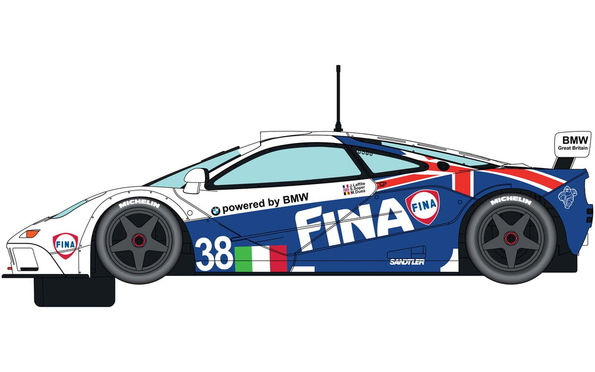 Blue and white race car model, McLaren F1 GTR, number 38 for Scalextric C4012A