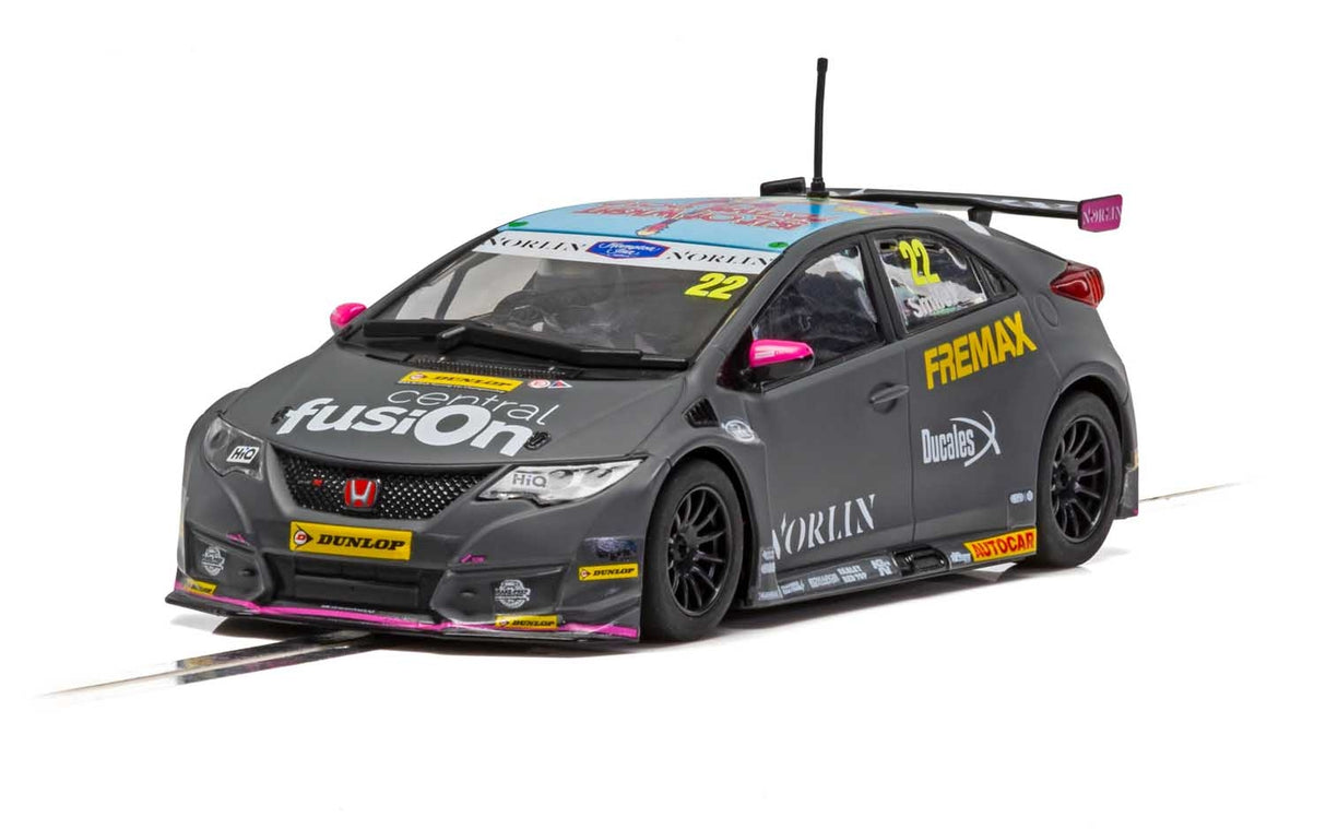 Scaled model of a 2018 Honda Civic Type R BTCC race car for Scalextric C4015, front view