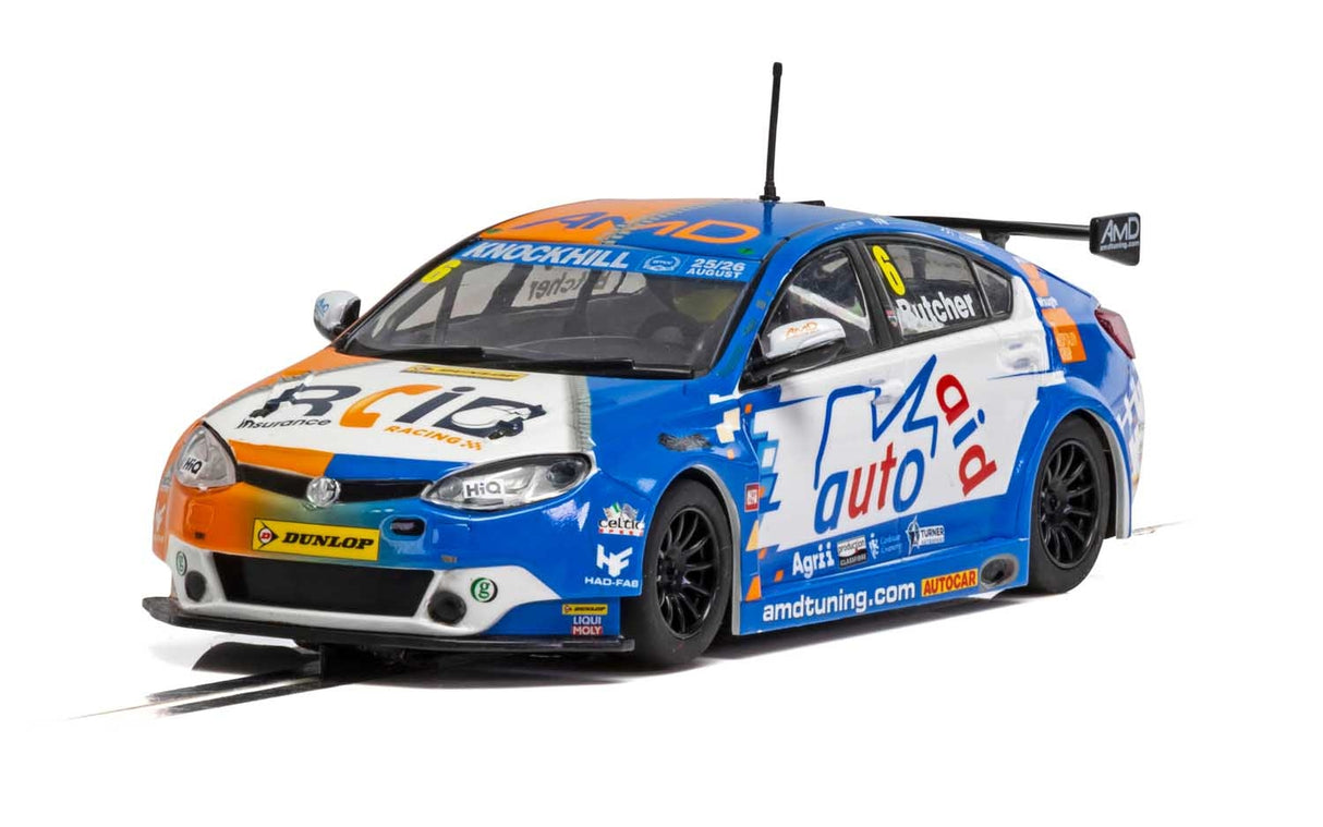 Blue race car model of an MG6 GT from the 2018 BTCC for Scalextric C4017, front view