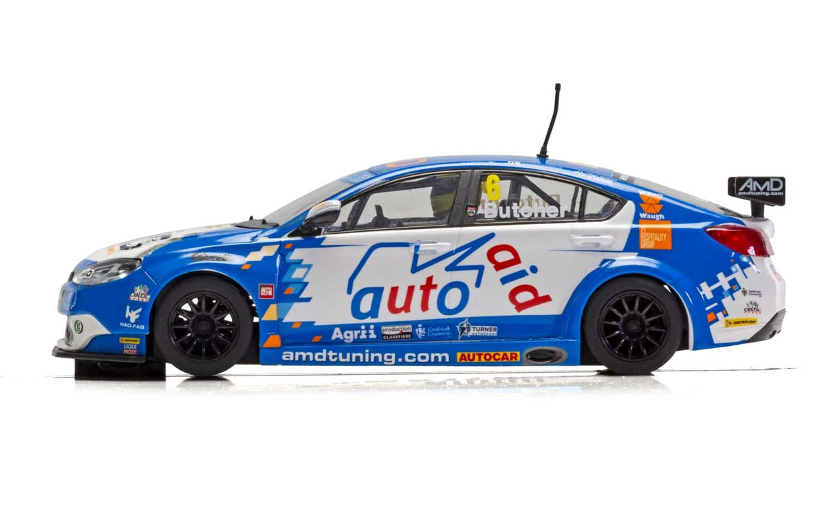 Blue race car model of an MG6 GT from the 2018 BTCC for Scalextric C4017, rear view