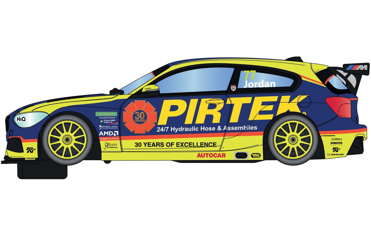 Blue and yellow race car model, BMW 125i BTCC 2018, Andrew Jordan for Scalextric C4018