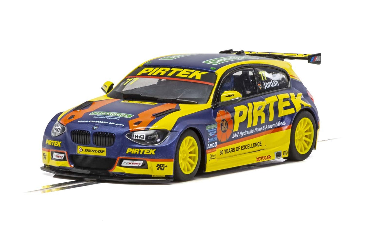 Yellow and blue BMW race car model from the 2018 BTCC season for Scalextric C4018