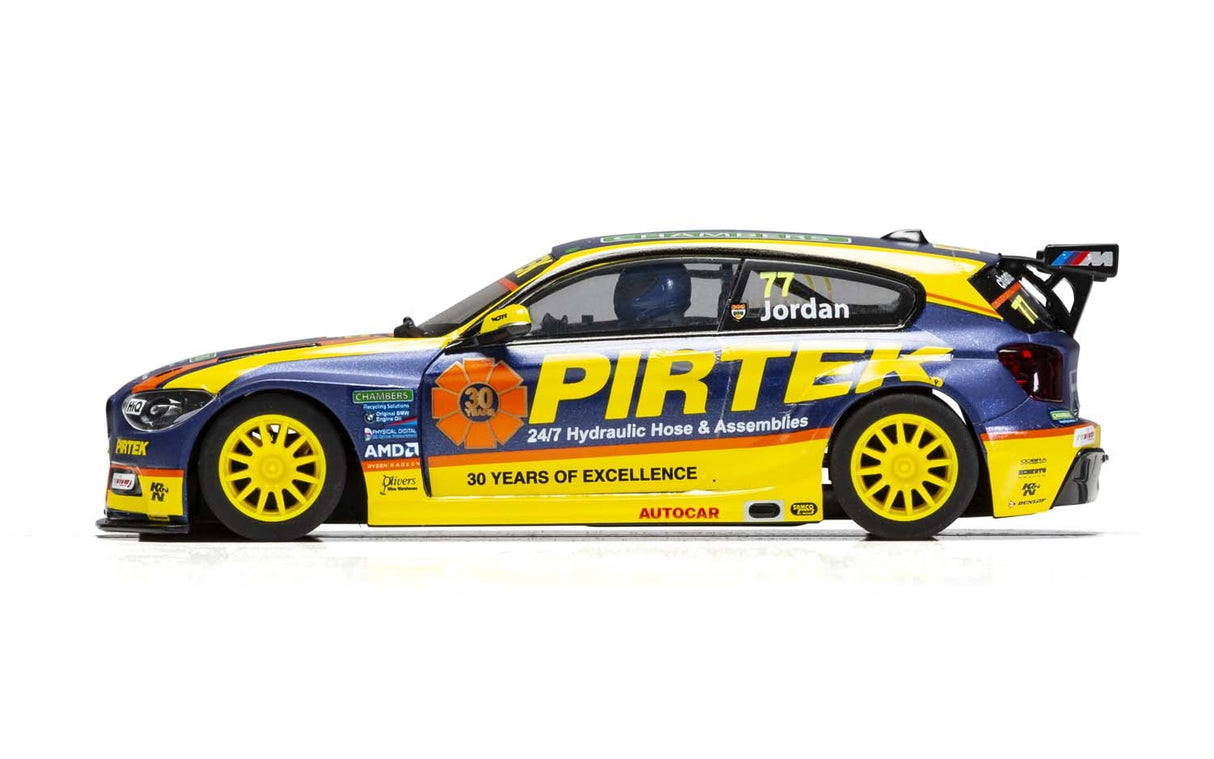 Yellow and blue race car model of a BMW 125i BTCC for Scalextric C4018