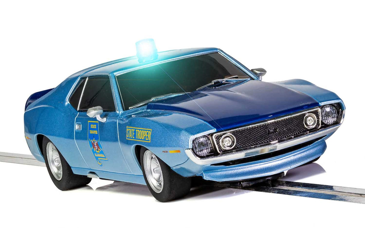 Blue slot car of an AMC Javelin Alabama State Trooper car for Scalextric C4058