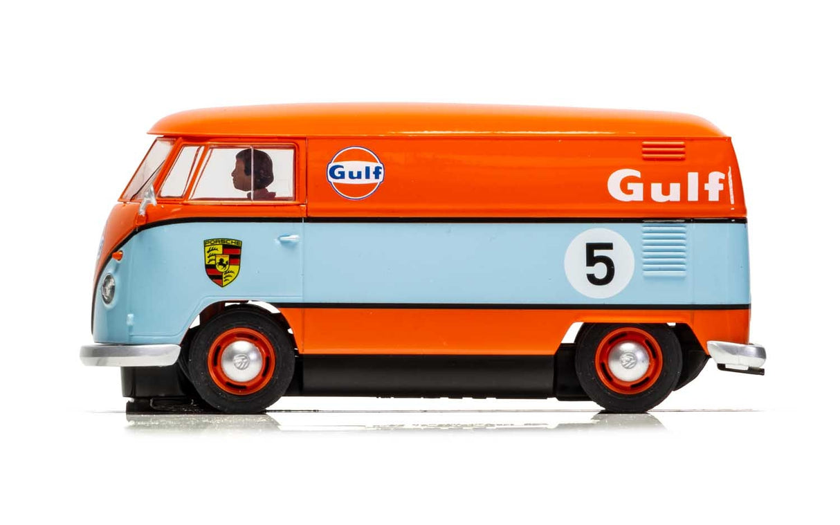 Orange and blue Gulf-liveried Volkswagen panel van model car for Scalextric C4060, rear view