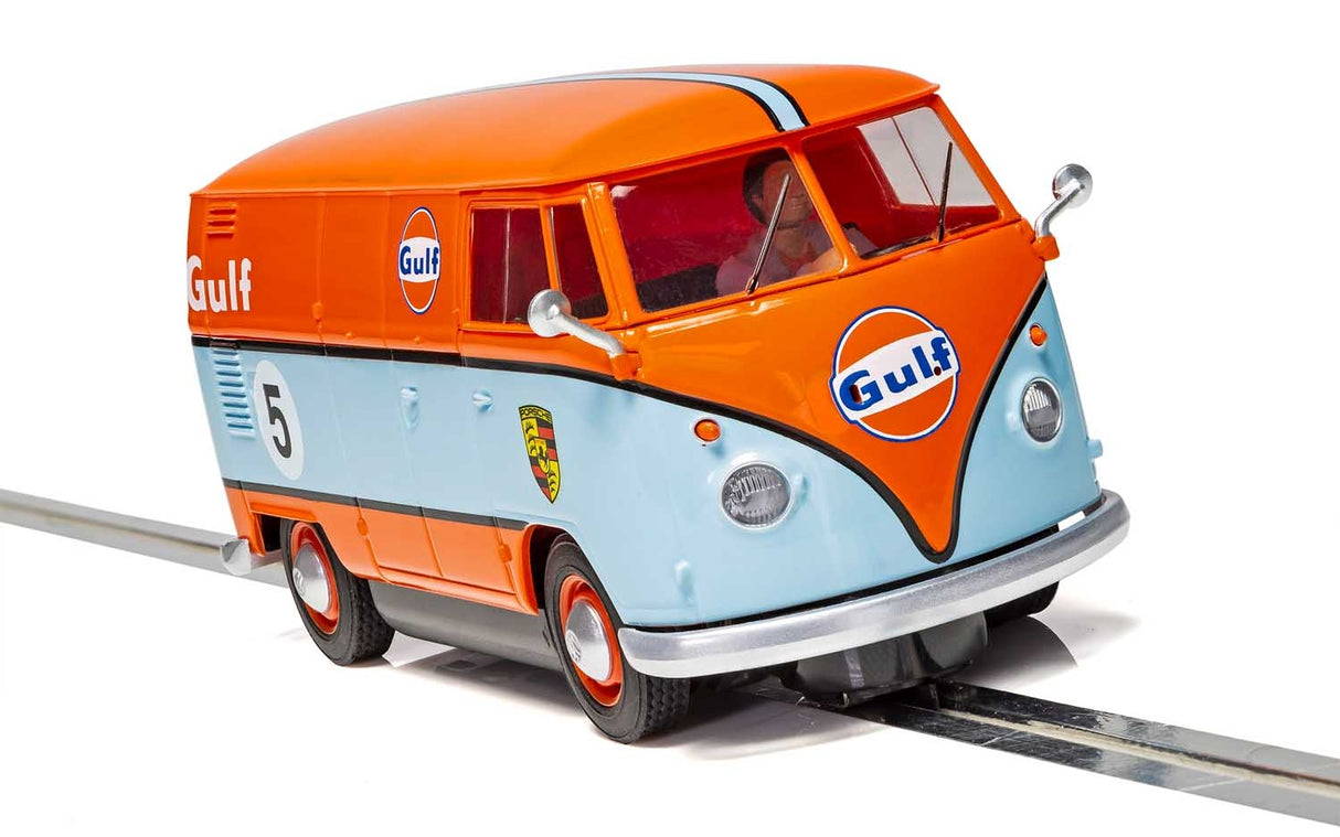 Orange and blue Gulf-liveried VW panel van model on a track for Scalextric C4060