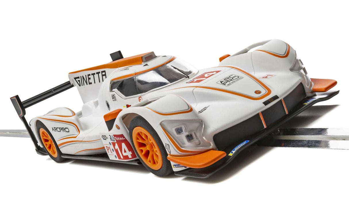 White and orange Ginetta race car model with number 14 for Scalextric C4061