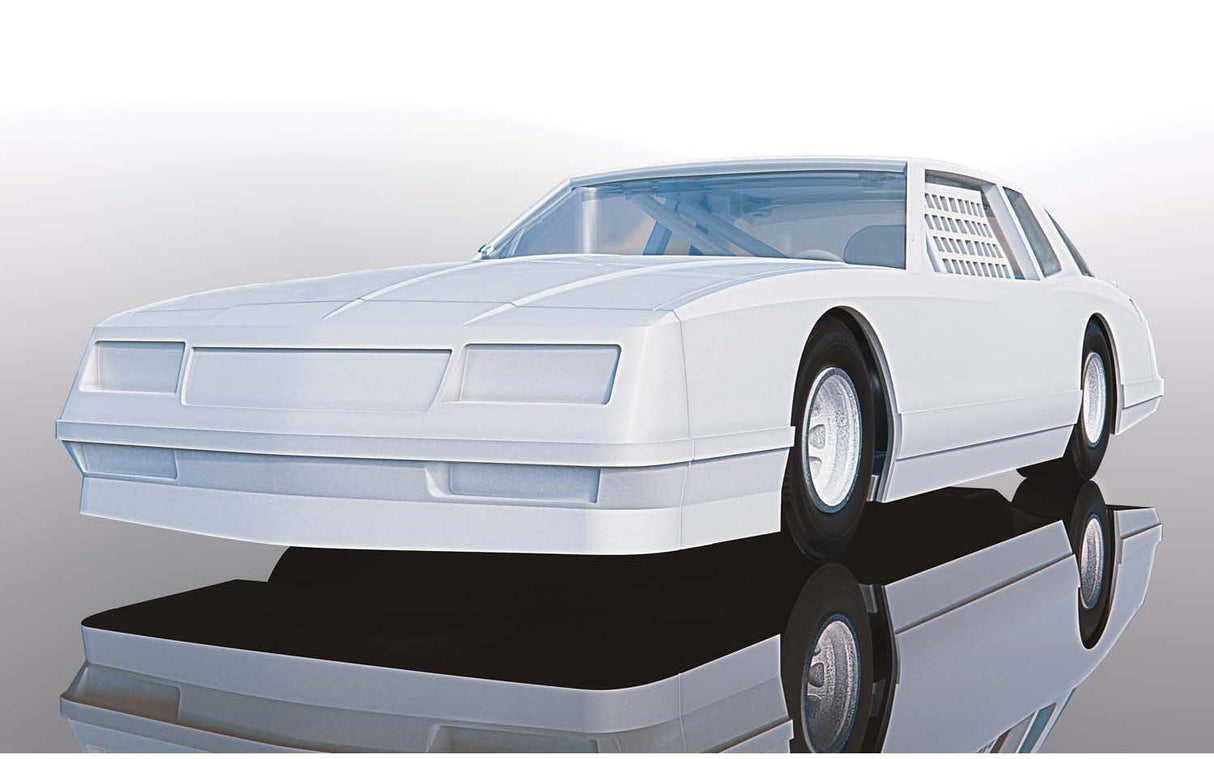 White 1986 Chevrolet Monte Carlo slot car for Scalextric C4072, rear view