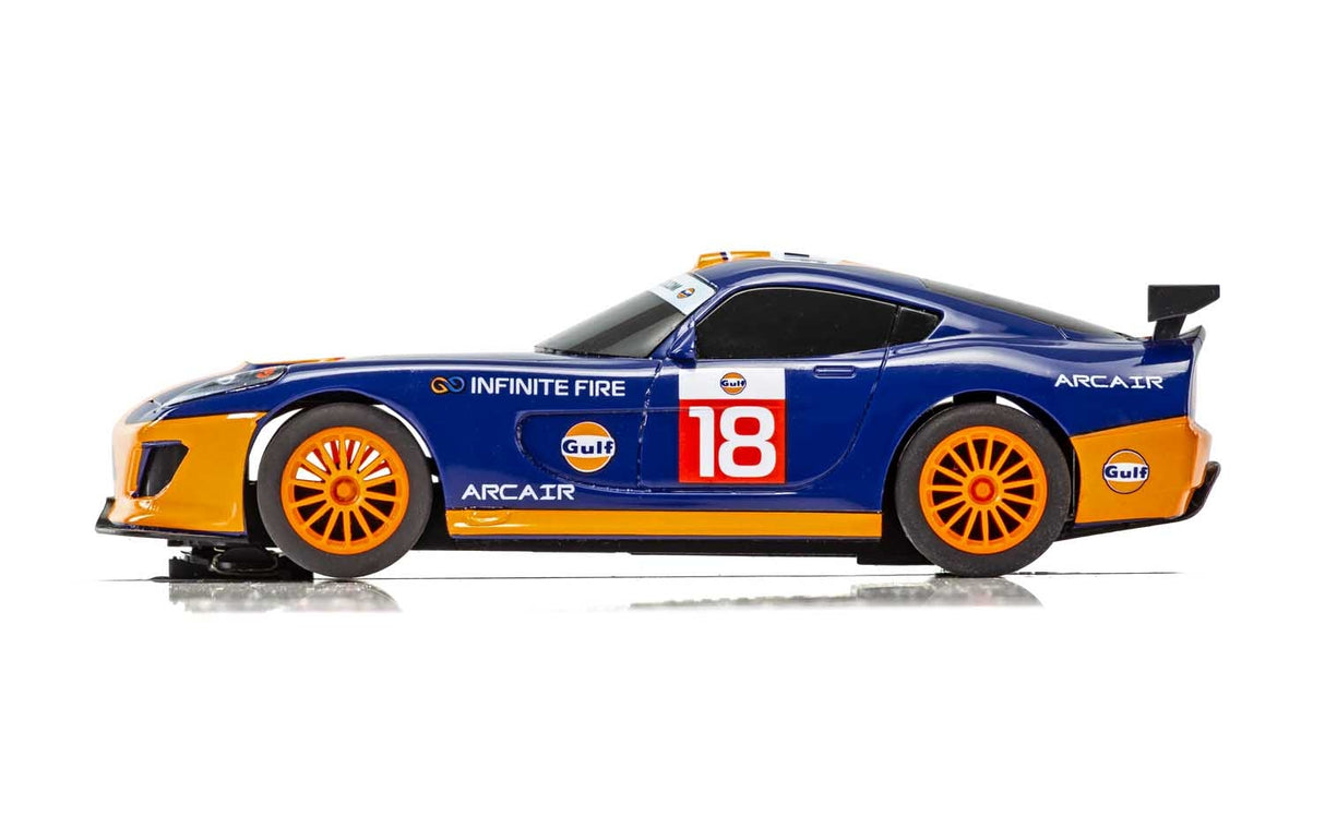 Blue and orange race car model with "ARCAIR" and number 18 for Scalextric C4091