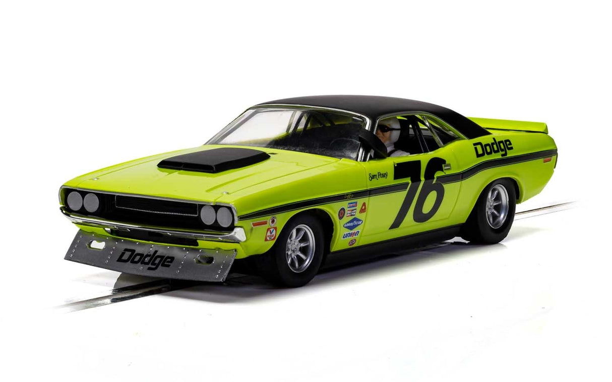Green slot car of a Dodge Challenger with "Sam Posey 76" decals for Scalextric C4164