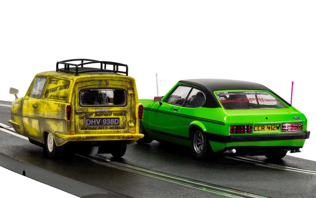 Yellow van and green car slot cars on a track for 1/32 slot cars Scalextric C4179