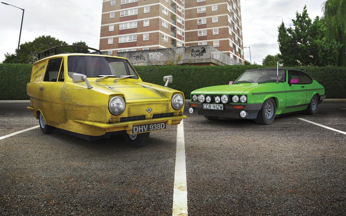Yellow and green classic cars on asphalt, a twin pack set for 1/32 slot cars Scalextric C4179