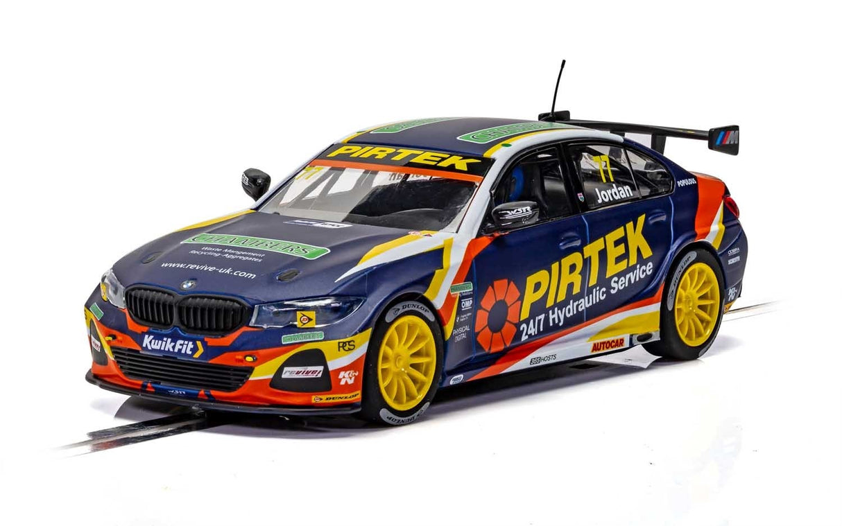 Blue and yellow BMW race car model from the 2019 BTCC season for Scalextric C4194