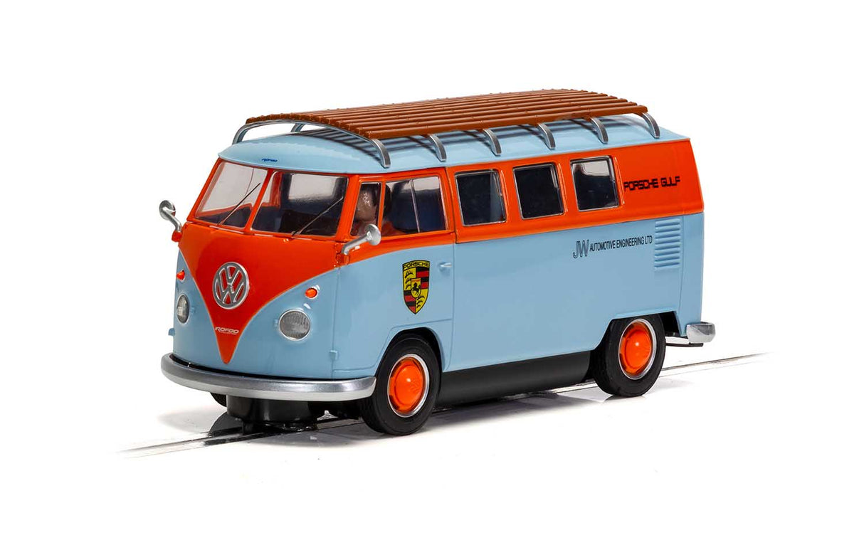 Blue and orange VW T1b microbus model with roof rack for Scalextric C4217, rear view