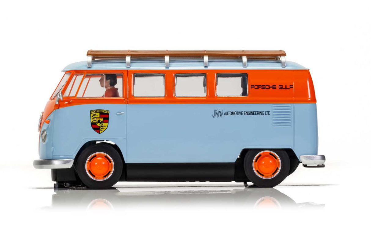 Light blue VW T1b microbus model with orange trim and roof rack for Scalextric C4217