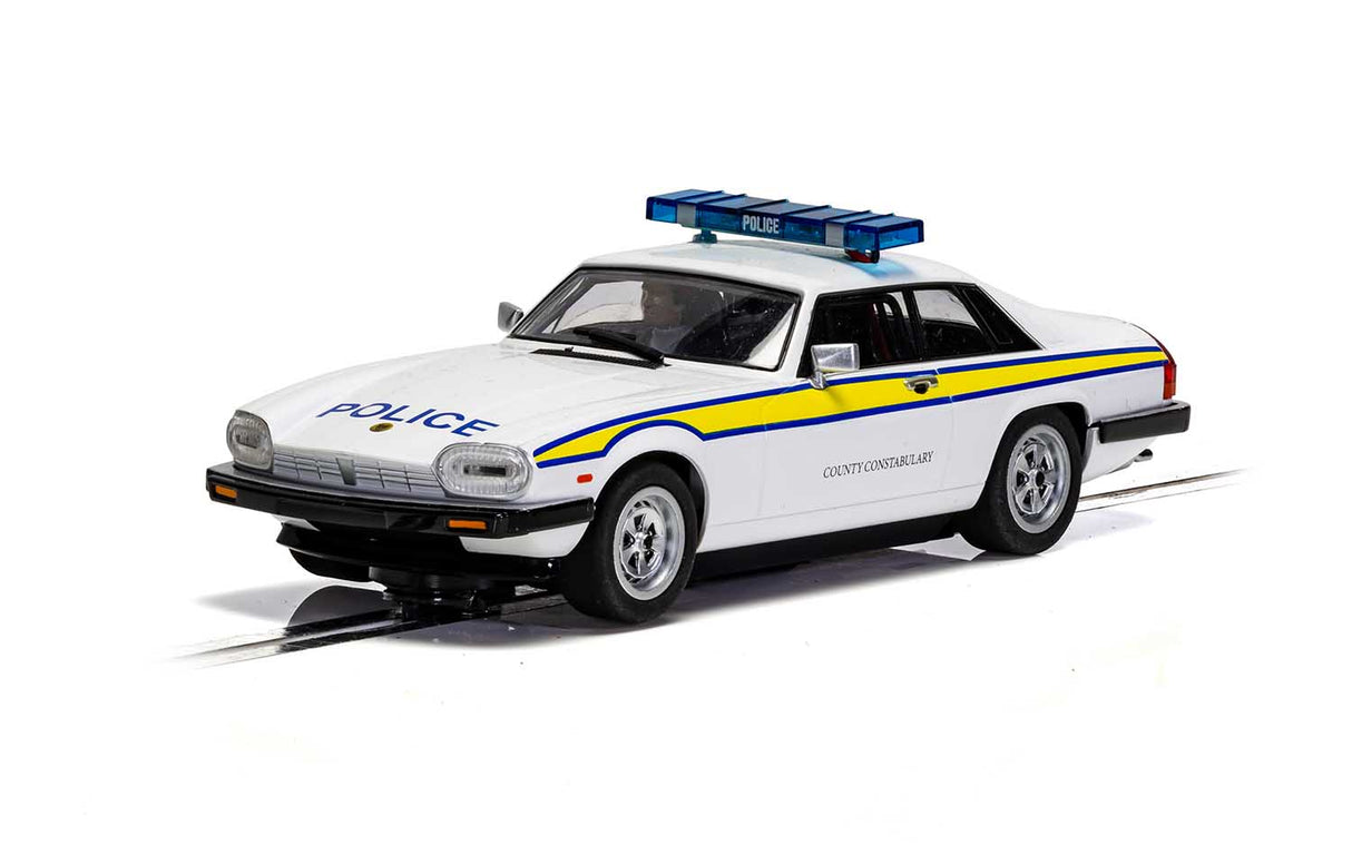 White police car model with blue light bar and "POLICE" lettering for Scalextric 1/32 Slot Car C4224