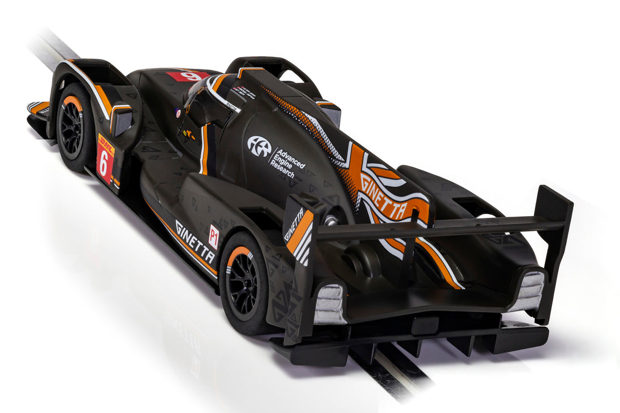 Black race car model, Ginetta G60-LT-P1, from the 2019 Silverstone 4 Hours race for Scalextric C4264