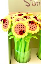 Yellow sunflower and ladybug/bee themed wiggle gel pens in a green holder for BCmini 22429