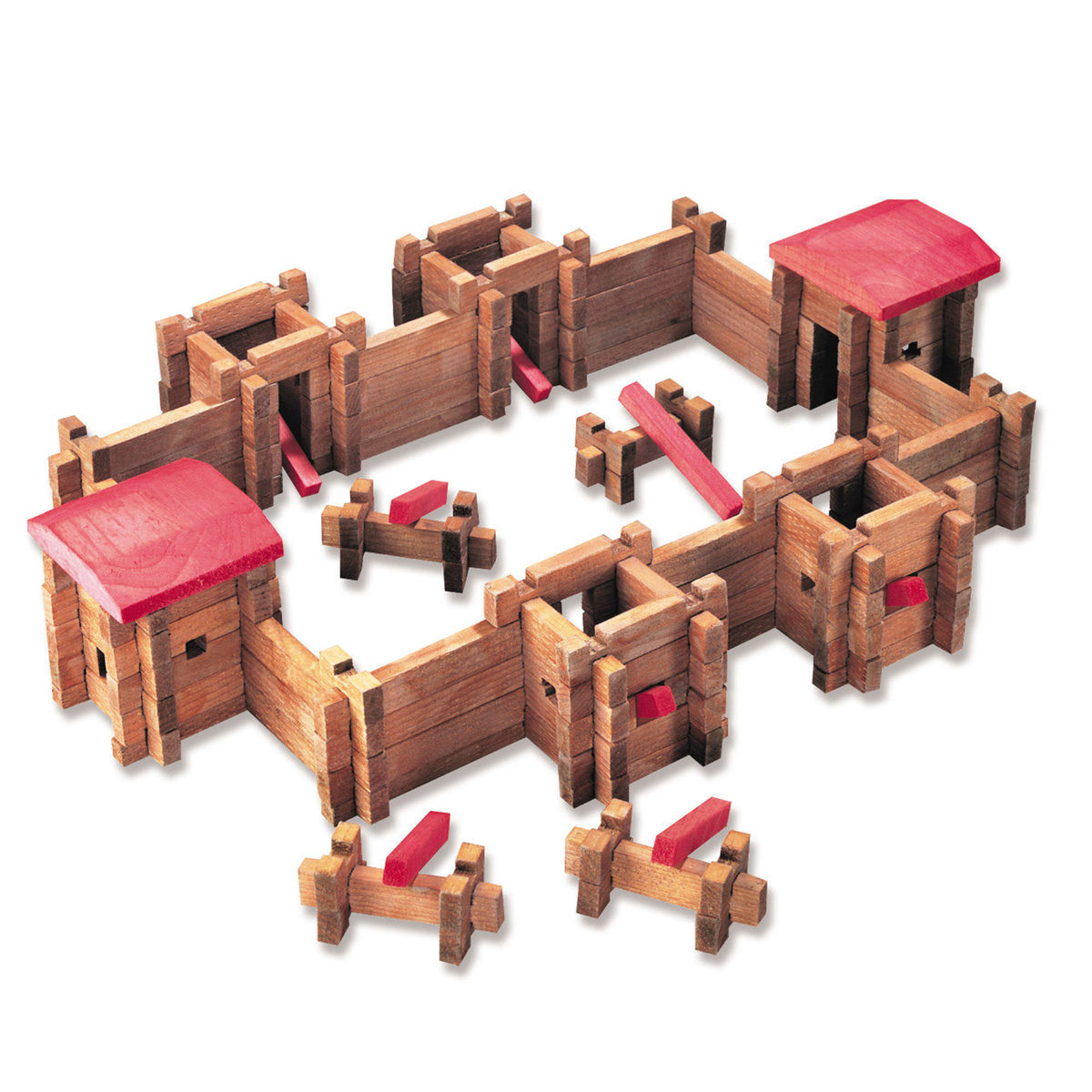 Wooden fort playset with towers, walls, and climbing pieces for imaginative play for Roy Toy 20002