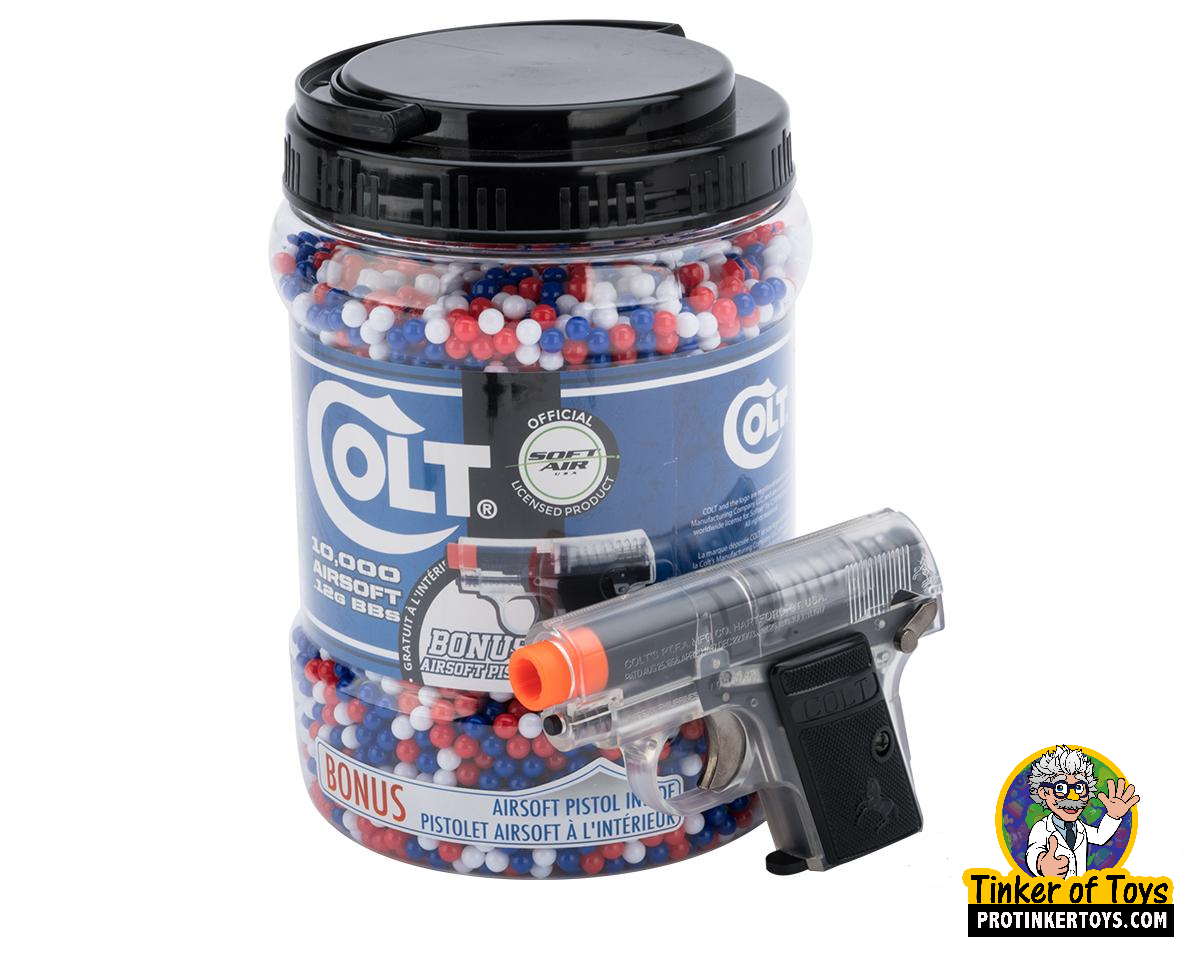 Jar of BBs and a spring-powered airsoft pistol for Evike BB-18092