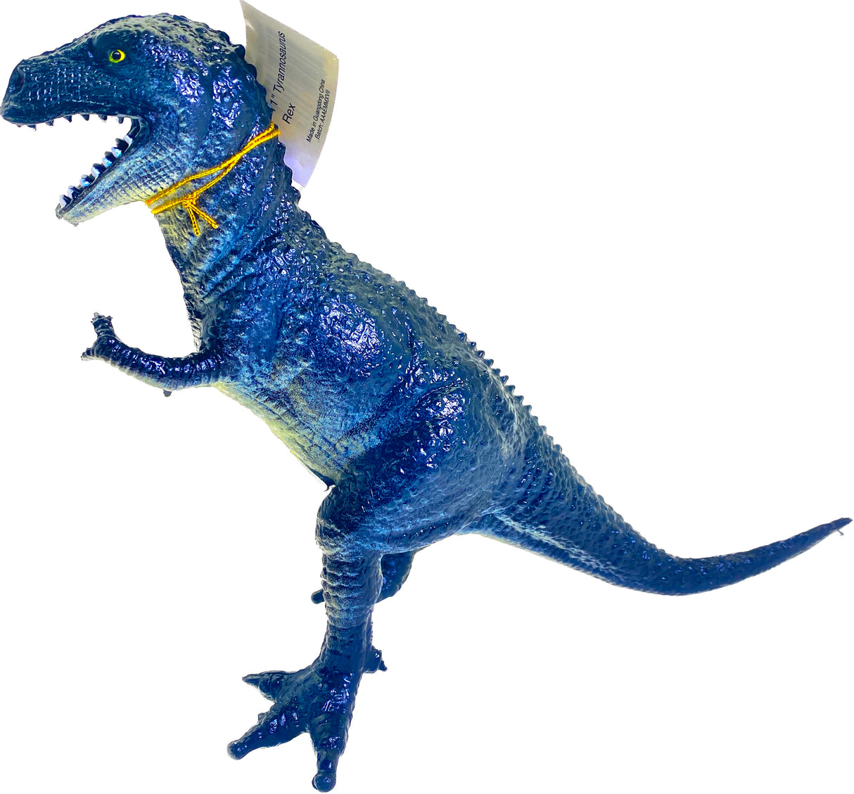 Blue T-Rex toy dinosaur standing, with a tag attached to its neck for Mamejo MAJ33000