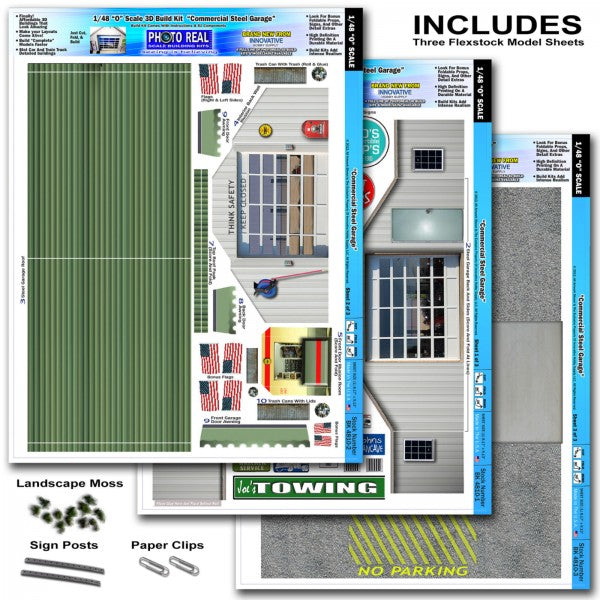 Model kit sheets for building detailed, realistic commercial steel garage facades for Innovative Hobby Supply BK4810