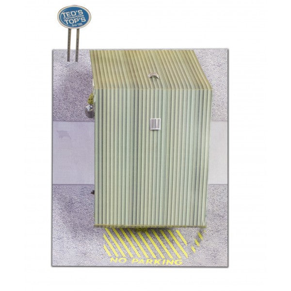 Steel garage model kit with vertical slats, featuring a "No Parking" sign for Innovative Hobby Supply BK4810