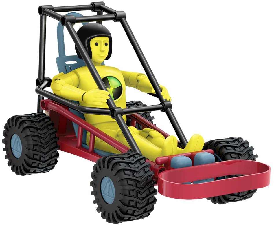 Man in crash test dummy seated in a red, four-wheeled crash test vehicle for Smart Lab 00486