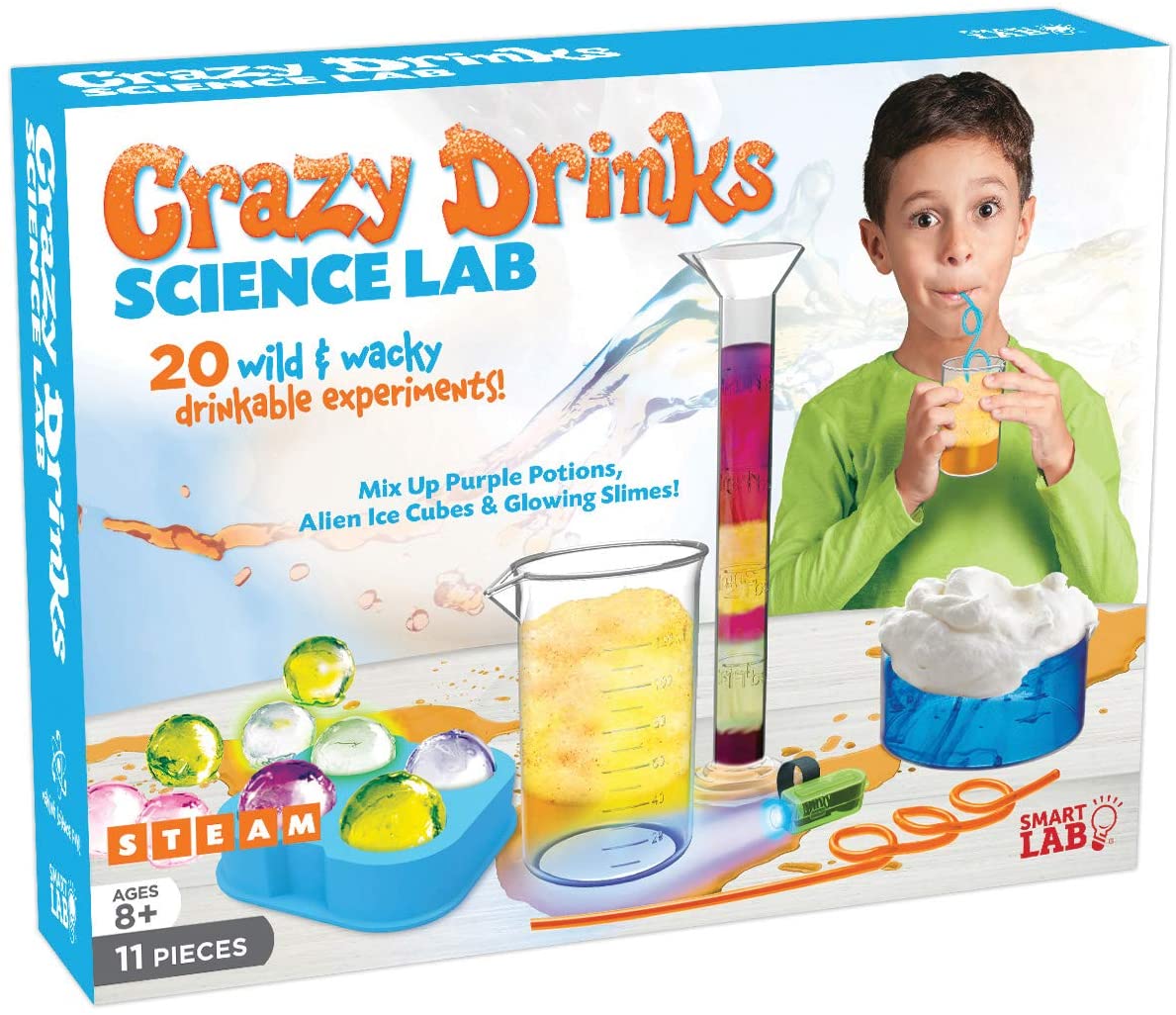 Kids' science kit box showing drinks, slime, and a boy mixing colorful liquids for Smart Lab 00572