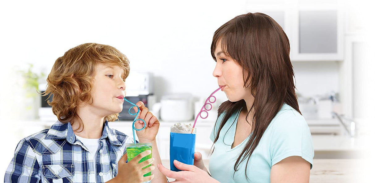 Boy and woman taste colorful drinks with straws, suggesting a fun science activity for Smart Lab 00572