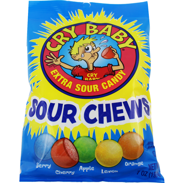 Sour candy bag featuring a cartoon character and various fruit flavors for Mountain Sweets CBCPB