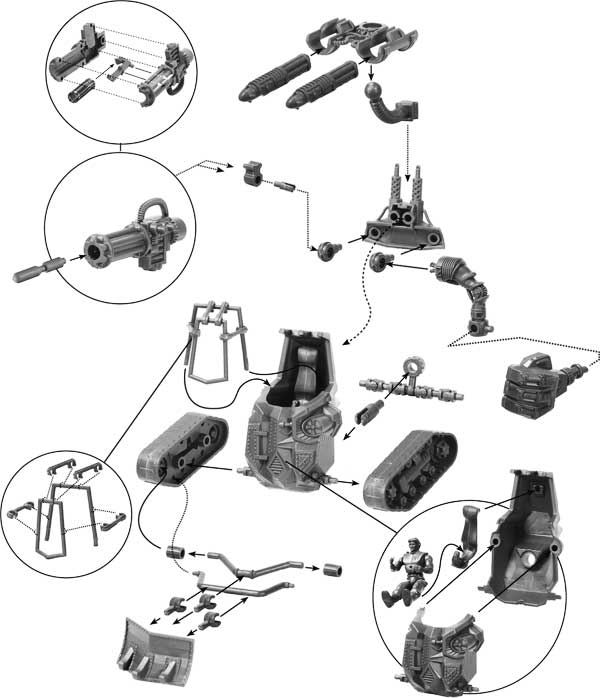 Exploded view diagram showing components for a robot arm/demolisher build for Robogear 6009