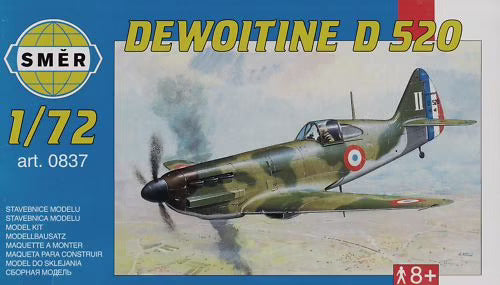 Scale model kit box art featuring a green Dewoitine D 520 aircraft for SMER 0837