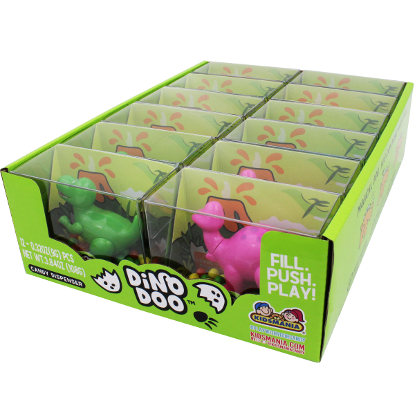 Green and pink dinosaur candy dispenser box for Mountain Sweet 31400