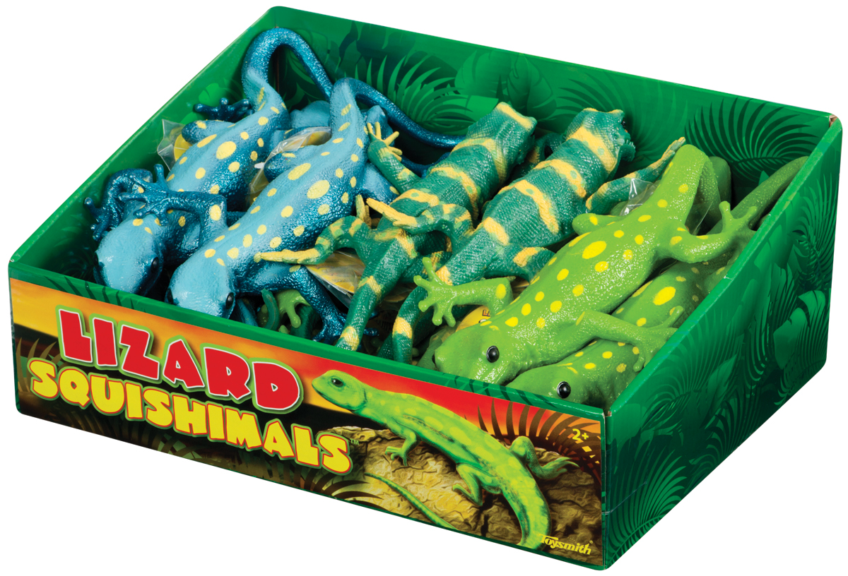 Assortment of colorful, squishy toy lizards in a green box for Toy Smith 1741