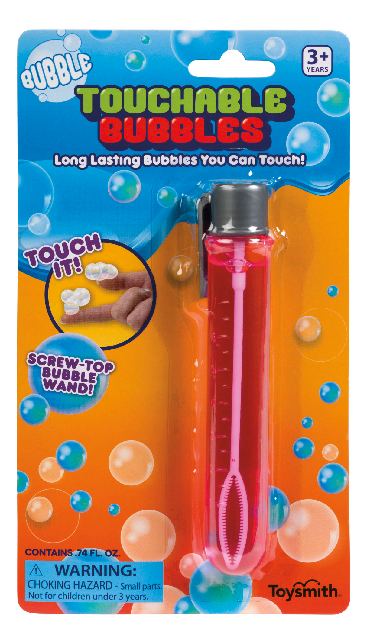 Bubble solution and wand for making bubbles. Warning: Choking hazard for Toy Smith 2632, front view