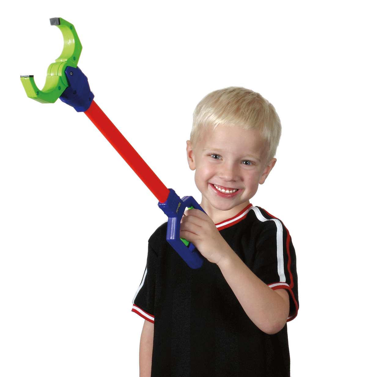 Boy holding a colorful, kid-sized grabber toy for Toy Smith 6135