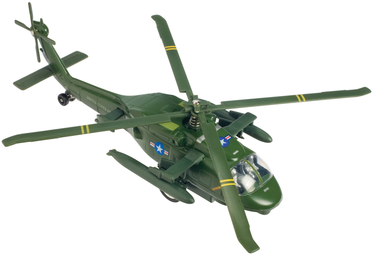 Green toy helicopter toy with rotor blades, representing a military aircraft for Toy Smith 4849