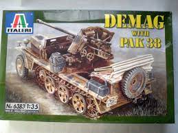 Model kit box art: DEMAG with PAK 38, 1:35 scale model for Italeri Model. Co 6383