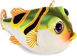 Green puffer fish decoration with vibrant stripes and large eyes for Real Planet R-PF33G
