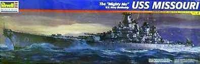 Warship model kit box art: USS Missouri battleship on rough seas for Revell 301