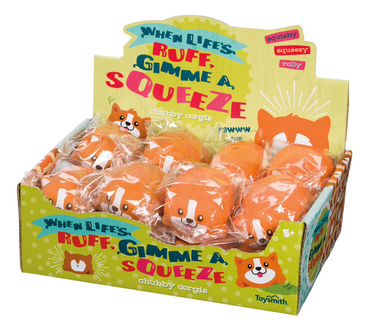 Pack of squishy, orange corgi toys in a yellow box for Toy Smith 7799