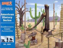 Desert scene with cacti, wooden structures, and figures for historical diorama for IMEX 533