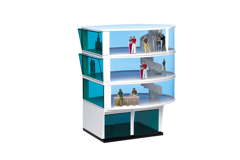 Multi-story model of a modern press tower with figures on each level for Carrera 20021102