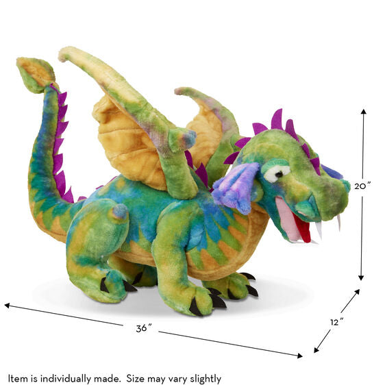Colorful stuffed dragon toy with wings, measuring 36" long and 20" high for Melissa and Doug 2121