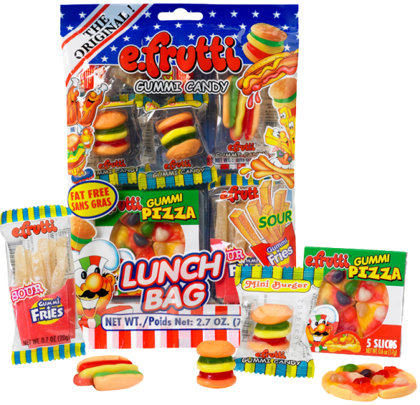 Assortment of gummy candy snacks in a lunch bag packaging for Nassau Candy 12204