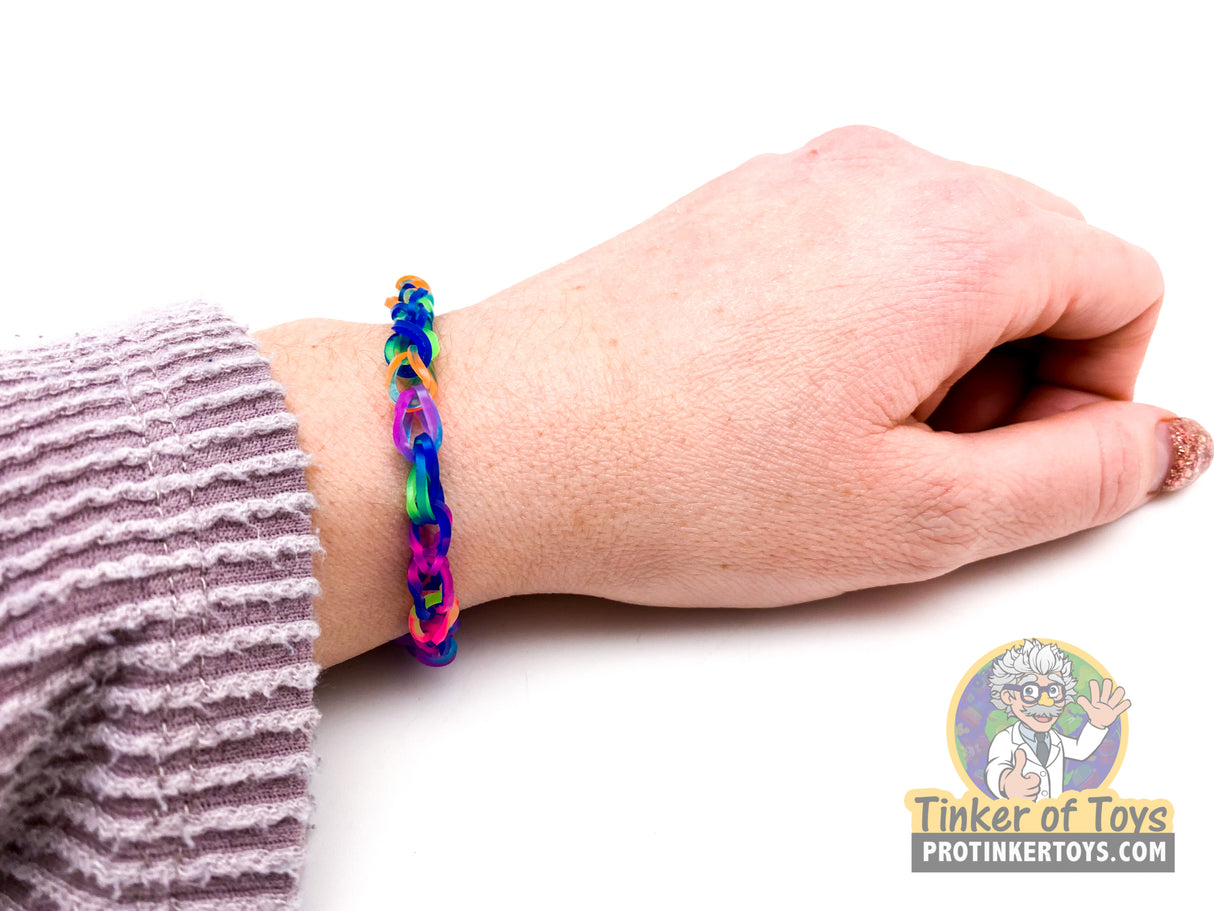 Rainbow loom bracelet on a person's wrist