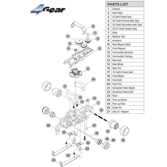 Parts list diagram showing labeled components for a mechanical gearbox assembly for Auto World PSC4G